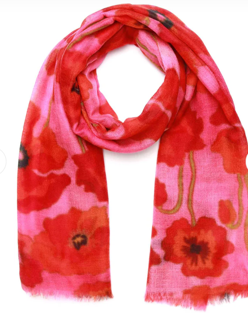 Poppy Bloom Scarf – Merino Wool Silk Wrap | Red & Scarlet Poppies on Radiant Pink Canvas