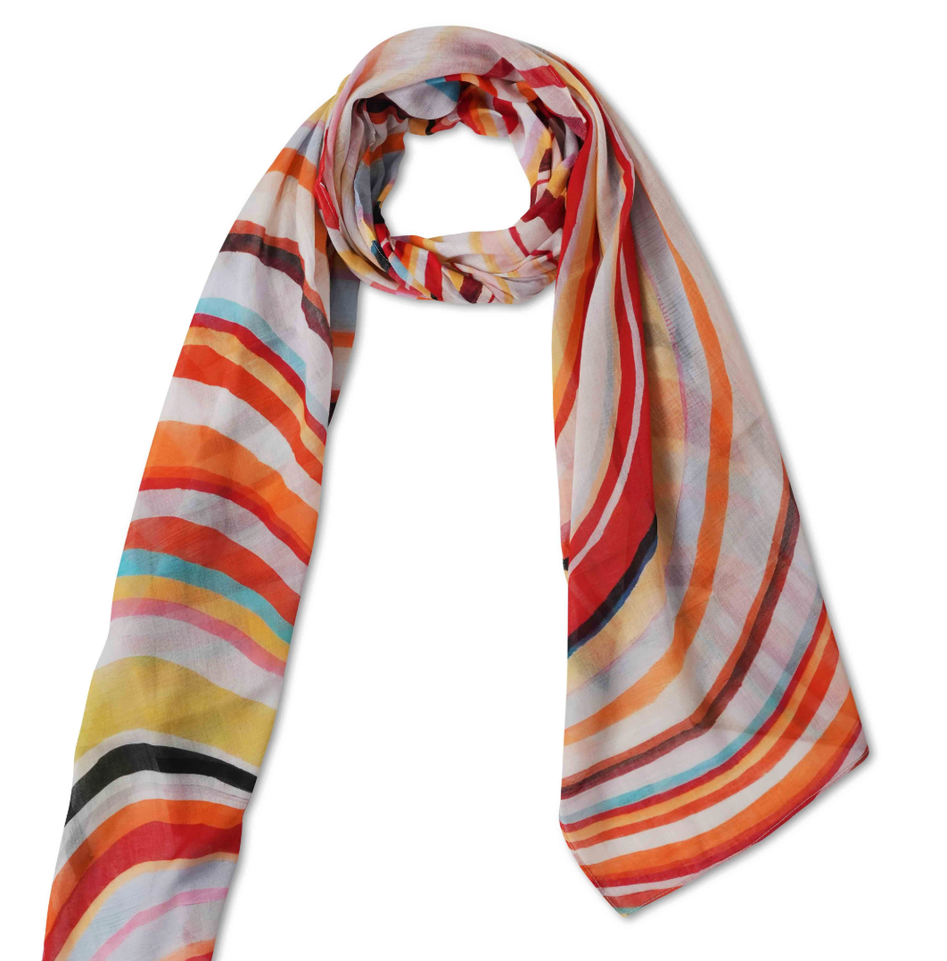 Sunset Waves Abstract Scarf – Cotton Voile Designer Wrap | Multicolor Striped Art Print