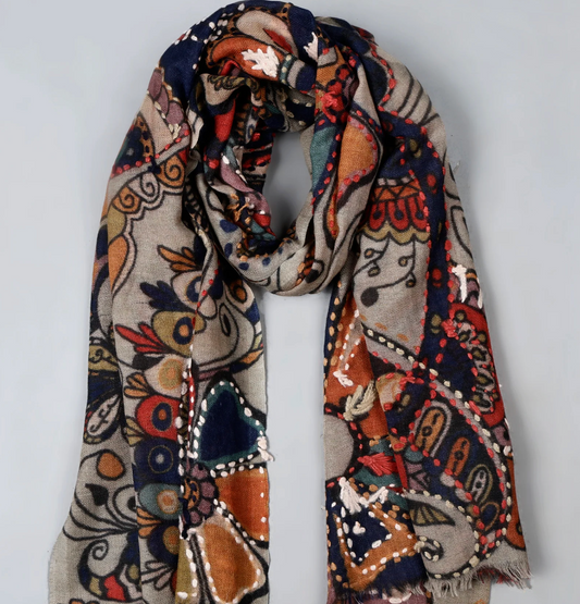 Heritage Mosaic Embroidery – Merino Wool Scarf