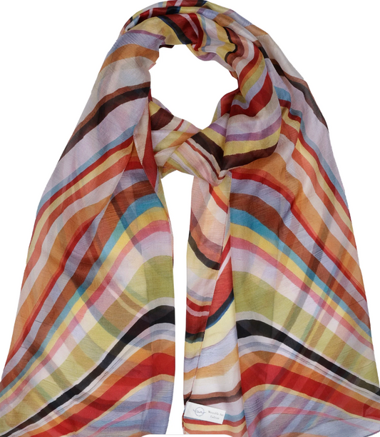 Sunset Waves Abstract Scarf – Cotton Voile Designer Wrap | Multicolor Striped Art Print
